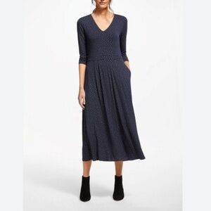 BODEN WOMENS CORALINE JERSEY MIDI DRESS NAVY BLUE GOLD POLKA DOTS SZ 8 METALLIC